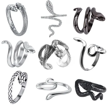 Пръстен във формата на змия в стил ретро пънк за мъже и жени, багаж преувеличен Античен сребърен цвят, Модни Индивидуални Стереоскопични Регулируеми Откриване на пръстени