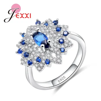 Великолепен Женски пръстен на пръста от настоящето 925 сребро синьо-бяло кристално бижу във формата на Слънчева цвете за годеж на сватбата
