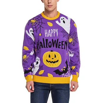 Мъжки вязаный пуловер, Жилетка с дълги ръкави и принтом тиква за Хелоуин, есенни Ежедневни пуловери, Блузи, градинска облекло
