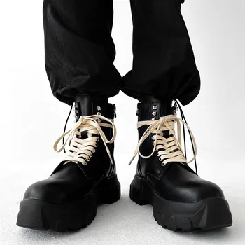 Ретро-Ниша Мъжки Британски Кожени работни обувки с дебели подметки, Увеличаване на растежа, в Японски стил, Мотоциклетни ботуши с висок берцем с цип