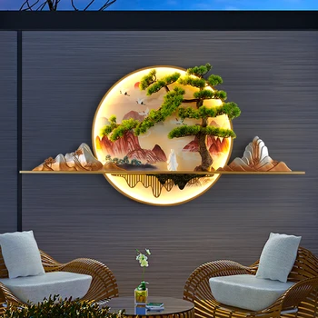 Слънчева външна стенни лампа OUFULA, Творчески Борова Кръгла пейзаж, Водоустойчив стенни картина, украса на вътрешния двор на вилата