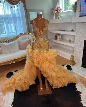 Златното Високо Ниско Черна рокля за абитуриентски бал за жени 2024, Лъскава пола с бриллиантовыми накъдрен, сватбената рокля на Русалка