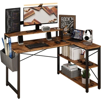 L-образна маса с зареждащата станция и рафтове за съхранение кът бюро за компютър със стойка за монитор Безплатна доставка на Офис мебели