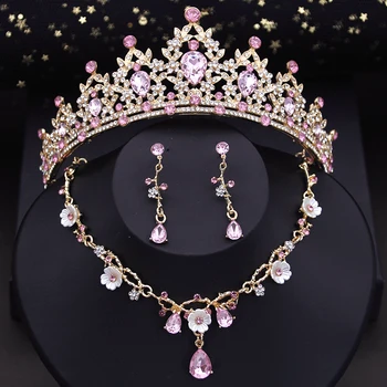 Луксозни комплекти бижута във формата на короната на булката за жени, сватбени диадеми и колиета-чокер, обеци, комплекти за бижута във формата на цветя на принцесата
