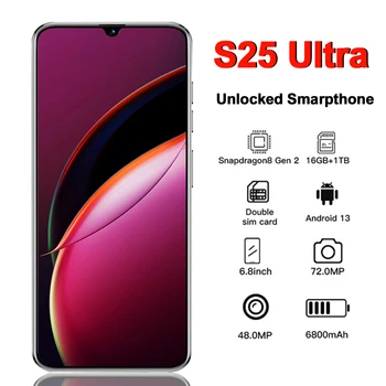 Смартфон S25 Ultra с 6,8-инчов HD екран 16G + 1T 6800 mah Android13 Celulare с две Sim-карти, Отключена за лице, 5G Оригинален Мобилен Телефон
