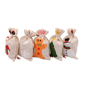 Опаковане на коледни подаръци, чанта за съхранение на ябълки бонбони, малко тъканно чанта с принтом снежинки, снежен човек, лосове. Опаковане на коледни подаръци, чанта за съхранение на ябълки бонбони, малко тъканно чанта с принтом снежинки, снежен човек, лосове. 3