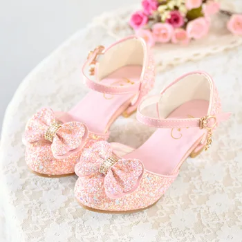 Детски обувки за сватба принцеси за момичета на висок ток, Ново 2023 г., Обувки за танци с меки подметки и кристален блясък, Детски сандали