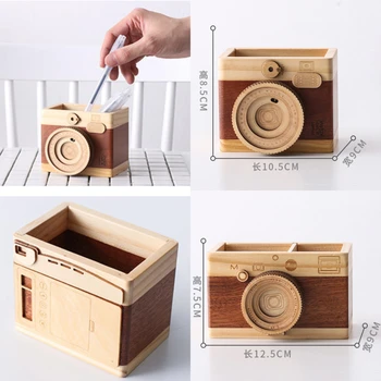 Креативен притежателя дръжки във форма на камерата Стационарен Органайзер Дървена кутия Поставка за моливи Декоративни Аксесоари