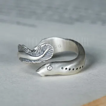 Висококачествено винтажное пръстен от 100% чисто сребро 925 проба с отваряеми пръстени от риба-змиорка за подарък за рожден ден
