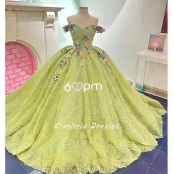 Шалфейно-Зелена рокля с Пищни 3D Папийонка, Топка Рокля С открити Рамене, Корсет В Гънка От Тюл, Сладко 15 Vestidos De Quinceañera