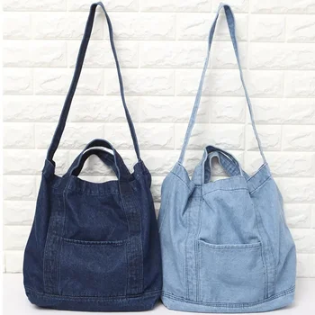 Дънкови чанта за пазаруване, художествена холщовая чанта през рамо за голям капацитет в стил унисекс
