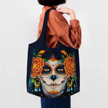 Чанти за пазаруване Sugar Skull Момиче, Мексико Calavera Catrina, холщовые чанта през рамо за купувачите, Чанти голям капацитет
