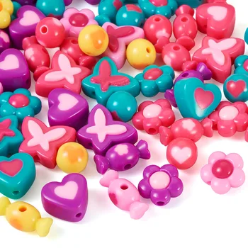 75шт Розови Непрозрачни Акрилни Мъниста, Цветни Кръгли Бонбони Цвете, Пеперуда Сърцето Гривна от смола Колие Обици Производство на бижута