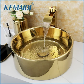 Мивка за баня KEMAIDI, Луксозна Блестяща Златна керамична мивка, кръгла мивка над гишето за бар и тераси с кран-смесител