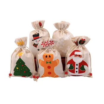 Опаковане на коледни подаръци, чанта за съхранение на ябълки бонбони, малко тъканно чанта с принтом снежинки, снежен човек, лосове. Опаковане на коледни подаръци, чанта за съхранение на ябълки бонбони, малко тъканно чанта с принтом снежинки, снежен човек, лосове. 1
