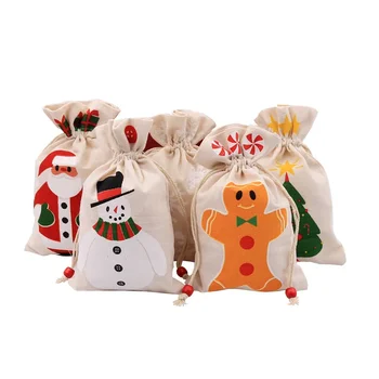 Опаковане на коледни подаръци, чанта за съхранение на ябълки бонбони, малко тъканно чанта с принтом снежинки, снежен човек, лосове. Опаковане на коледни подаръци, чанта за съхранение на ябълки бонбони, малко тъканно чанта с принтом снежинки, снежен човек, лосове. 2