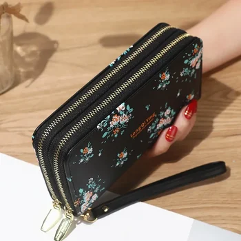 Нов дамски дълъг универсална студентски чанта с двоен цип в цветенце, голяма чанта голям, за мобилен телефон, мек портфейл за монети