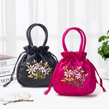 Бродирана чанта на съвсем малък Дамски Цвете чанта в етнически стил, чанта-кофа, чанта за телефон, портфейл, дамска чанта за пазаруване с дръжка в китайски стил