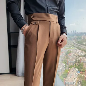 Нови обикновена панталони за костюм с висока талия, мъжки бизнес официални панталони 2023, високо качество на тънки ежедневни панталони за офис костюм