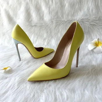 2023 Нови дизайнерски дамски модни матово жълти обувки в светло синьо ток за партита, женски модел обувки с отстъпка, марка Big Plus Size, разпродажба